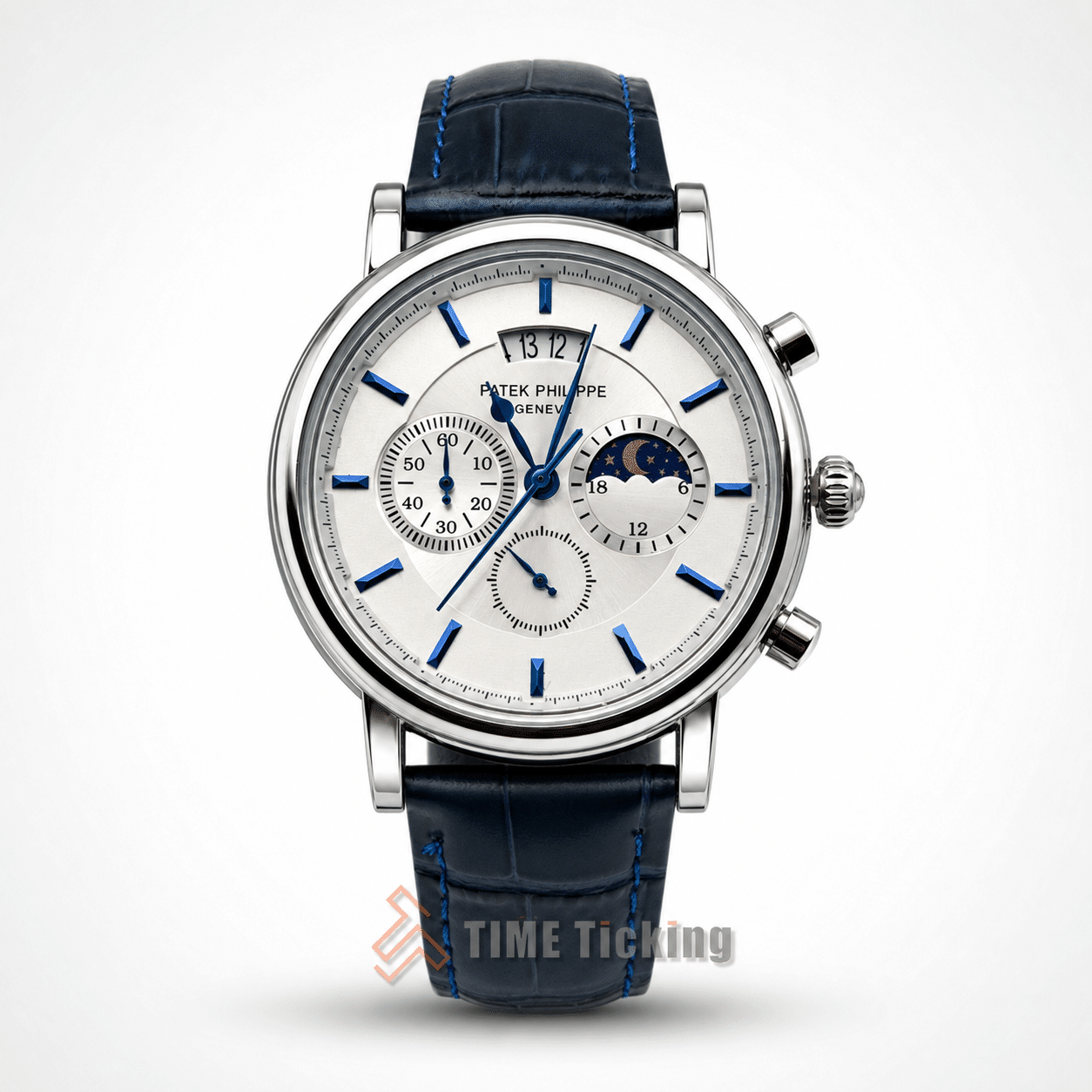 PATEK-201912 men's watch with blue artificial leather belt silver case and plain dial