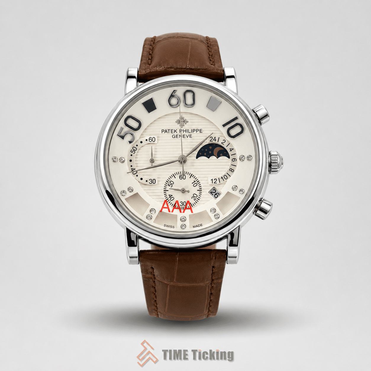 PATEK-201912 men's luxurious quartz watch with white numbered dial and brown genuine leather belt