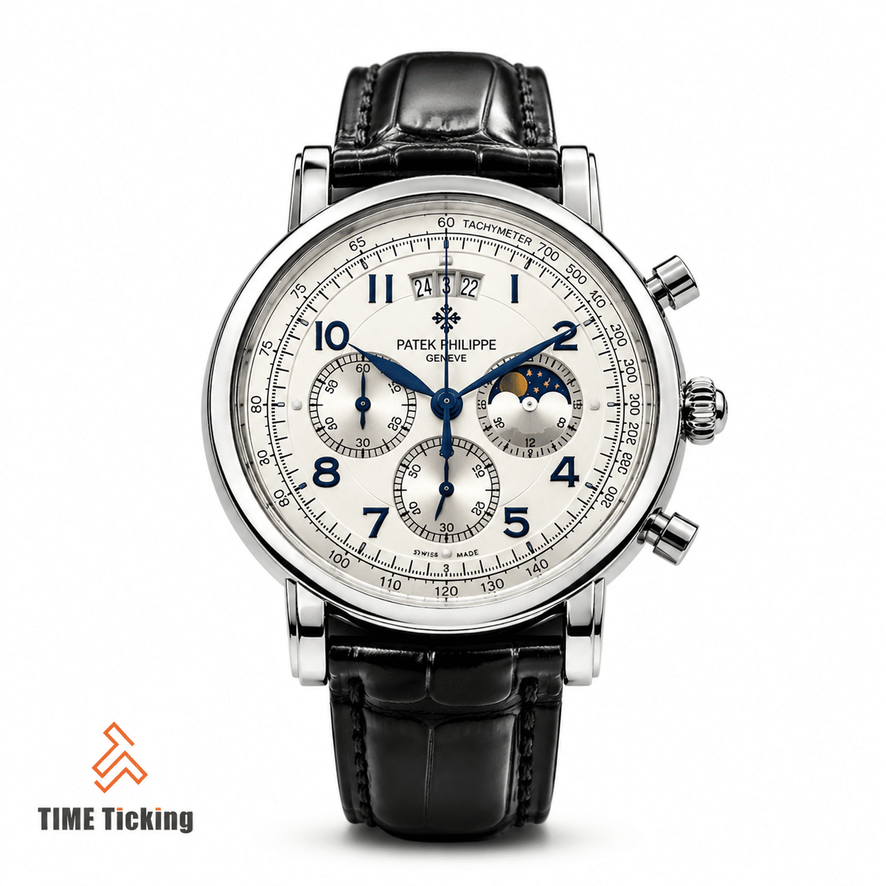 PATEK-201912 men's quartz watch with white dial black genuine leather belt and triple date design