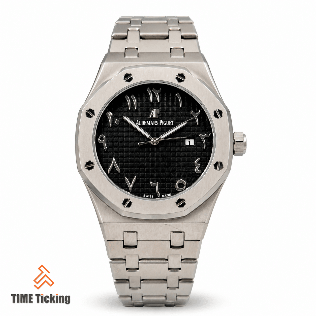 Audemars Piguet Royal Oak AA Grade Replica men's watch with black dial Arabic numerical hour markers and stainless steel case