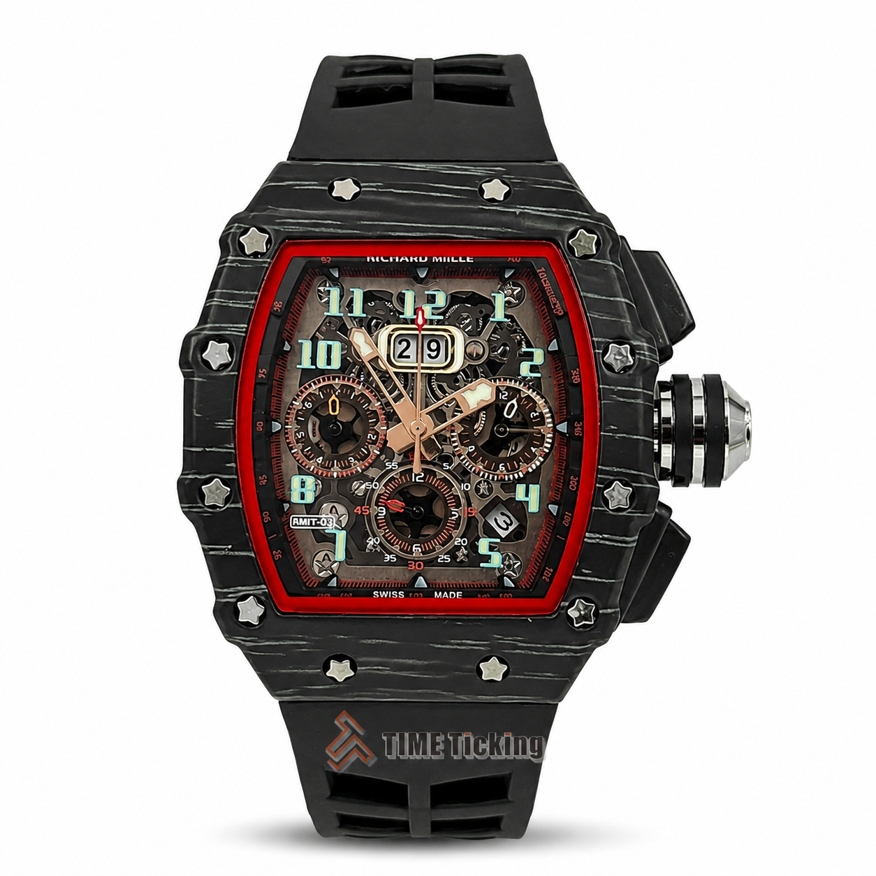 Richard Mille RM 11-03 Flyback Chronograph men's quartz watch with black rubber strap and black red case