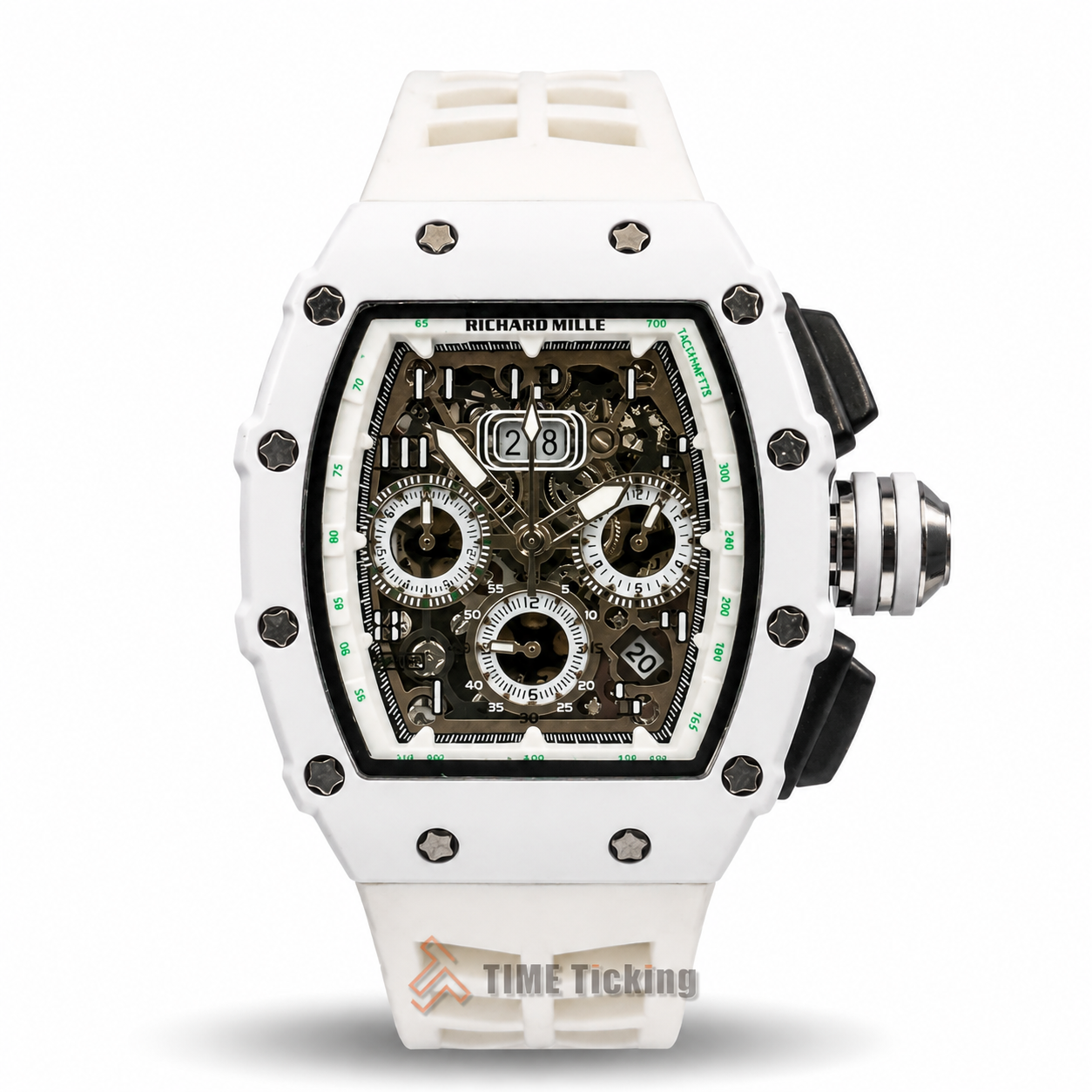 Richard Mille RM 11-03 Flyback Chronograph men's quartz watch with white rubber strap and white barrel-shaped case