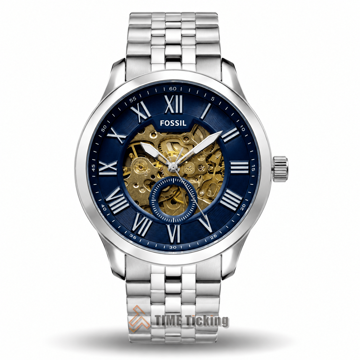 Fossil Grant Automatic men's watch with blue dial and silver stainless steel bracelet