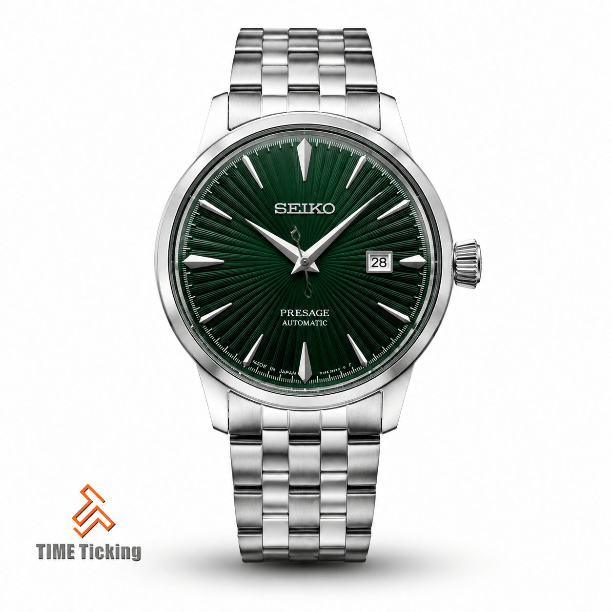 Seiko Presage Cocktail Time Mockingbird men's automatic watch with green textured dial and stainless steel bracelet