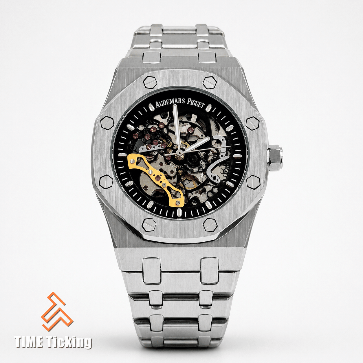 Audemars Piguet Royal Oak AA Grade Replica automatic skeleton watch with black dial and silver stainless steel case
