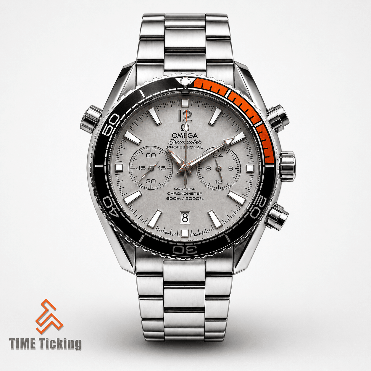 Omega Seamaster Planet Ocean 600M Chronograph men's watch with grey dial and silver stainless steel bracelet