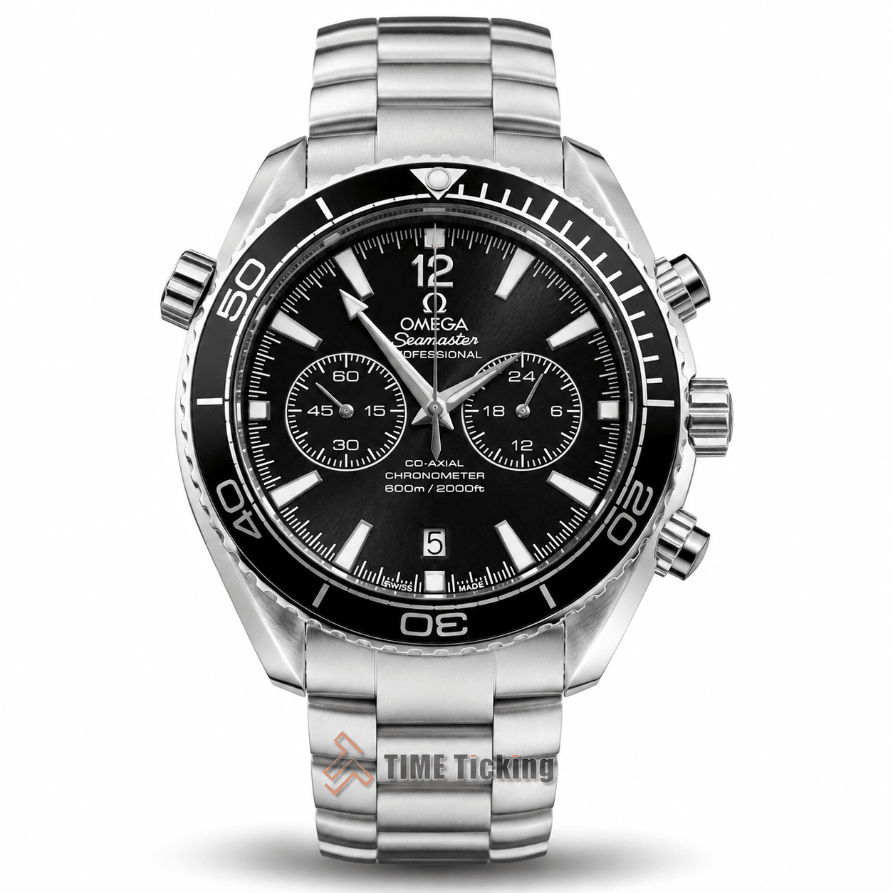 Omega Seamaster Planet Ocean 600M Chronograph men's watch with black dial and silver stainless steel bracelet
