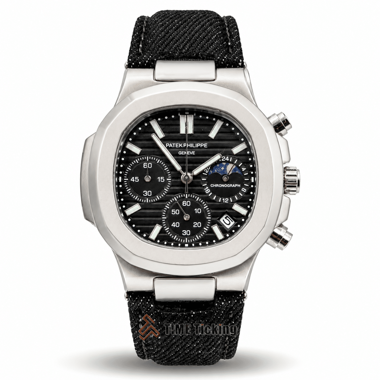 Patek Philippe Nautilus AA Grade Replica men's watch with black dial matte silver case and fabric strap