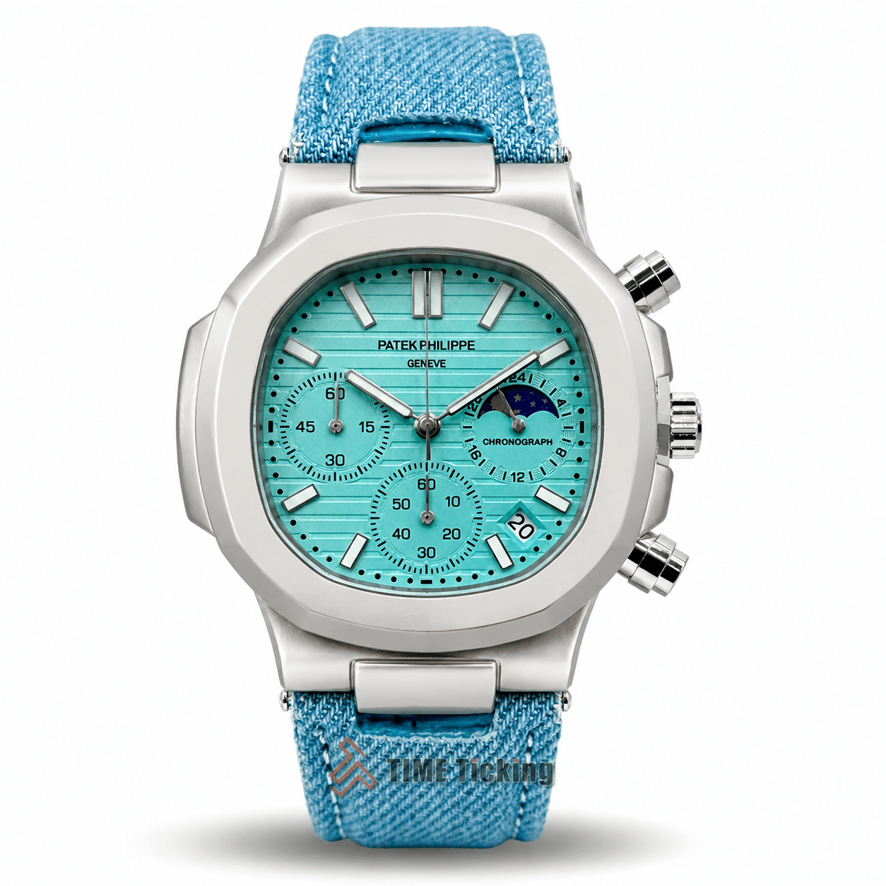 Patek Philippe Nautilus AA Grade Replica men's watch with turquoise blue dial matte silver case and fabric strap