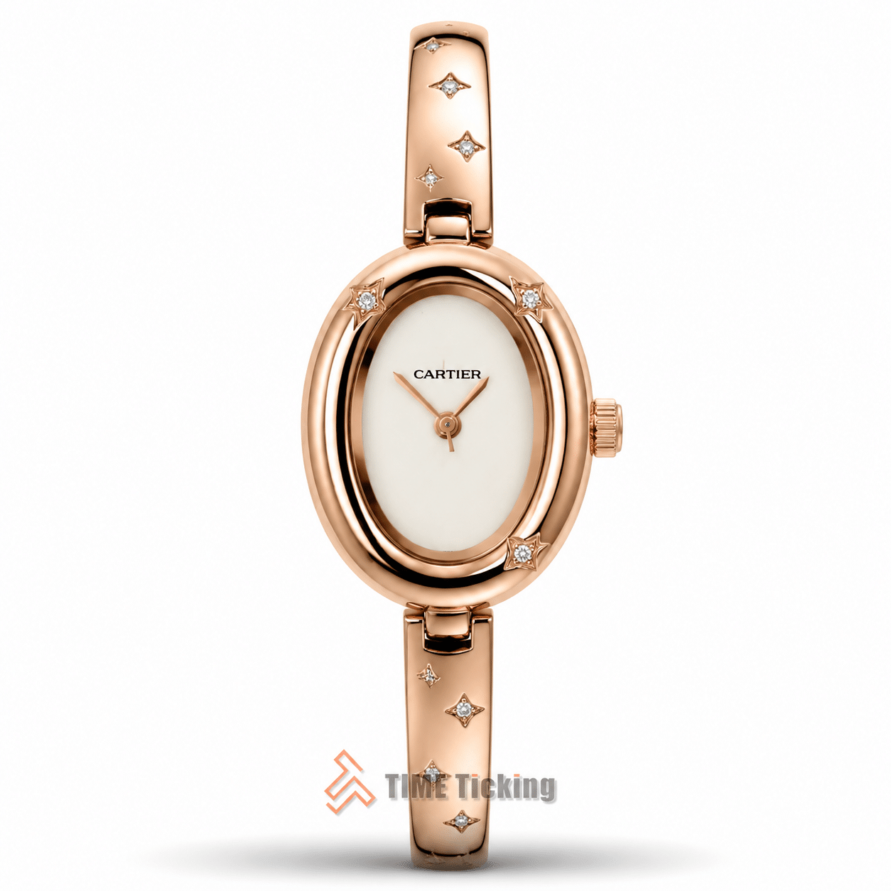 Cartier Baignoire Allongée women's bangle watch with cream dial rose gold case and metal strap