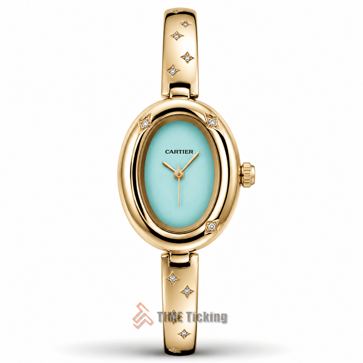 Cartier Baignoire Allongée women's bangle watch with turquoise blue dial gold case and metal strap