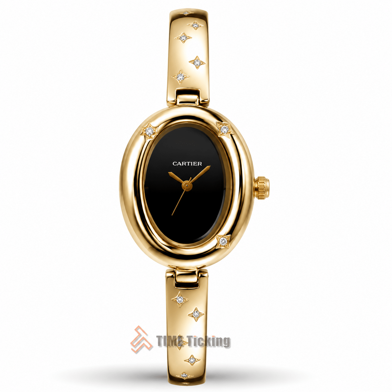 Cartier Baignoire Allongée women's bangle watch with black dial gold case and gold metal strap