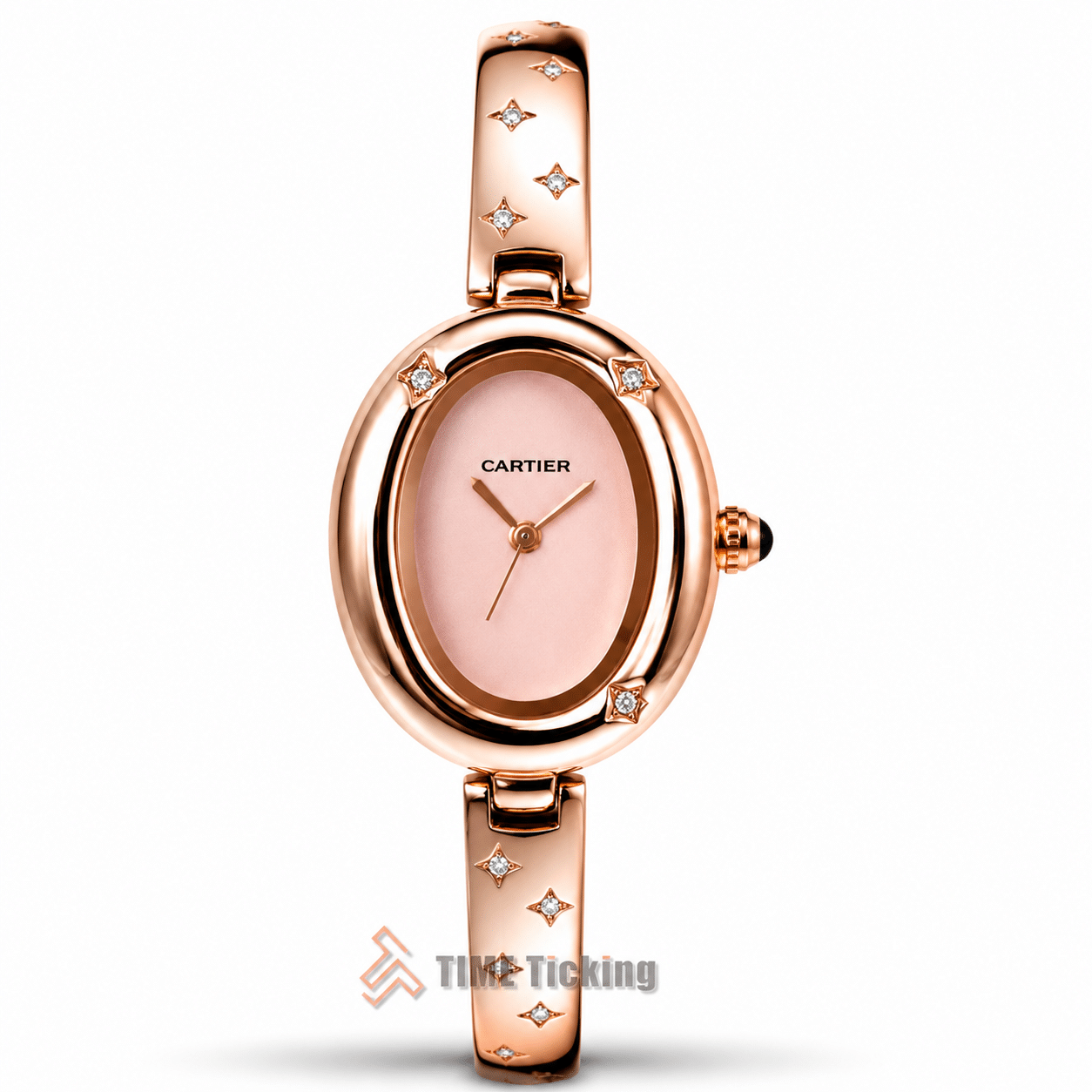 Cartier Baignoire Allongée women's bangle watch with pink dial rose gold case and metal strap