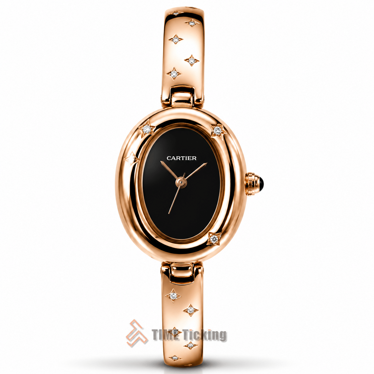 Cartier Baignoire Allongée women's bangle watch with black dial rose gold case and metal strap