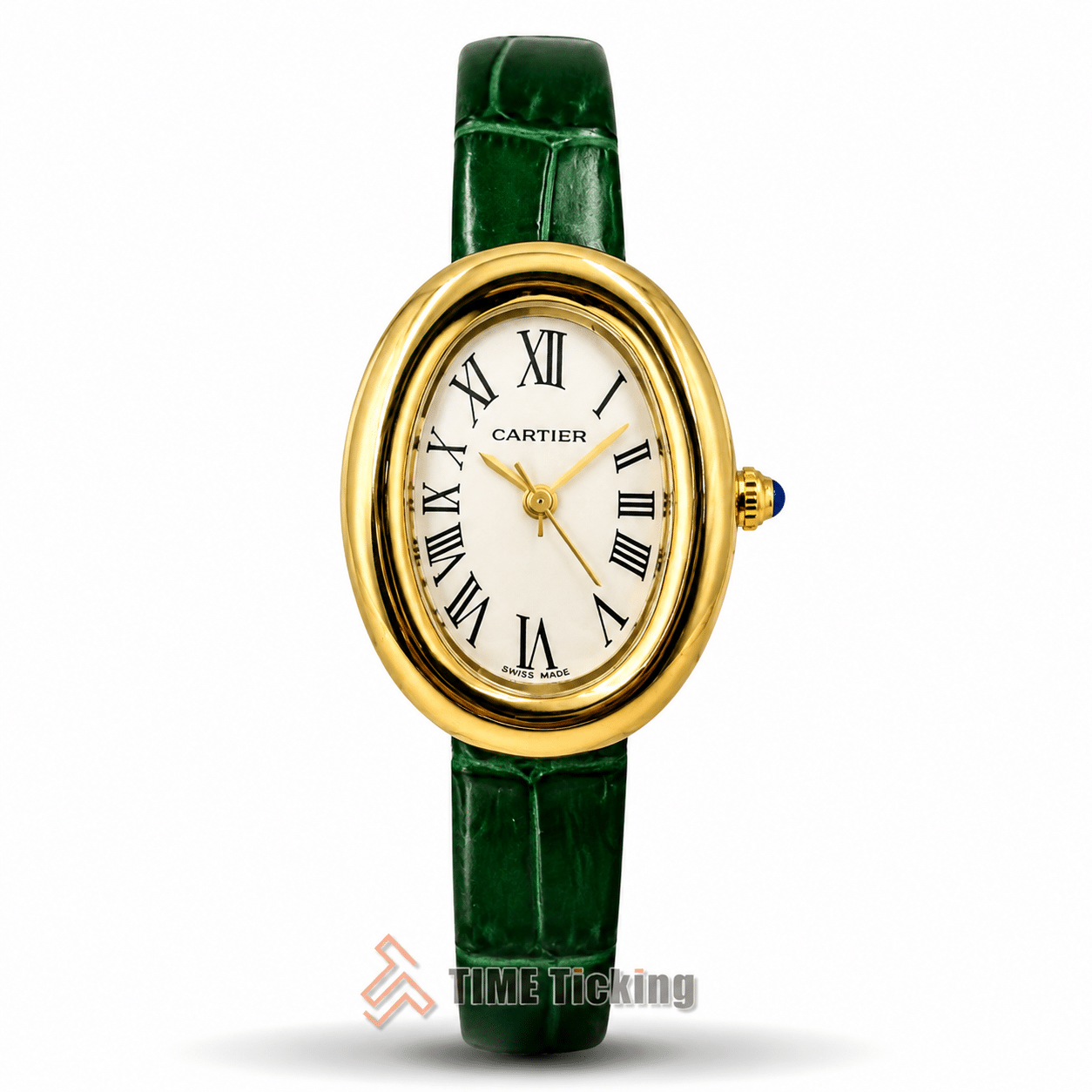 Cartier Baignoire women's watch with white dial and green leather strap
