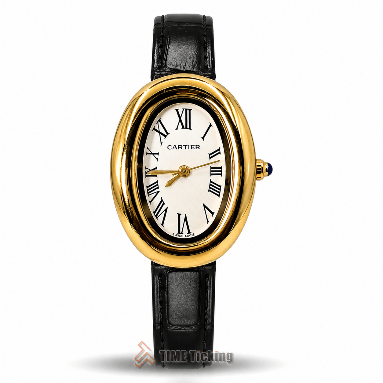 Cartier Baignoire women's watch with white dial and black leather strap