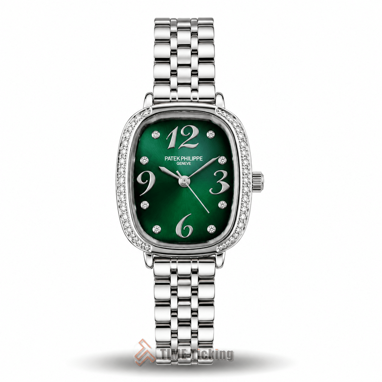 Patek Philippe Gondolo Serata women’s luxury watch with emerald green sunburst square dial and silver metal bracelet.