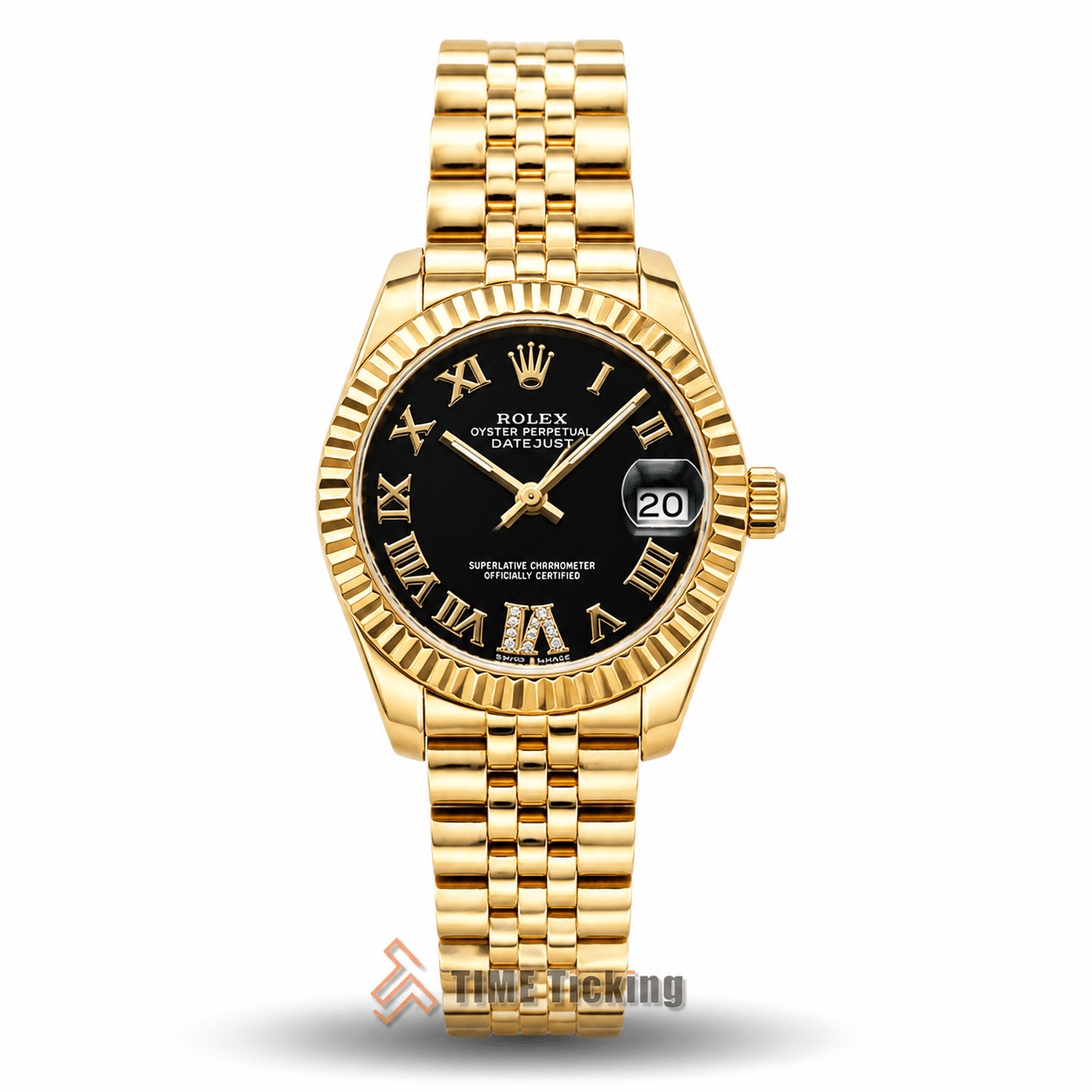Rolex Oyster Perpetual Datejust women's watch with black dial and gold metal strap