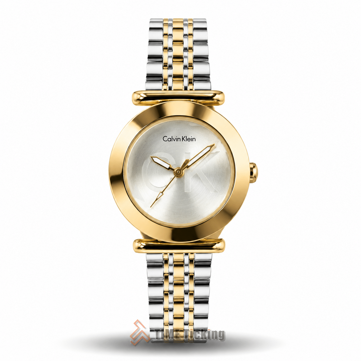 Calvin Klein women's two-tone quartz dress watch with silver dial and metal strap