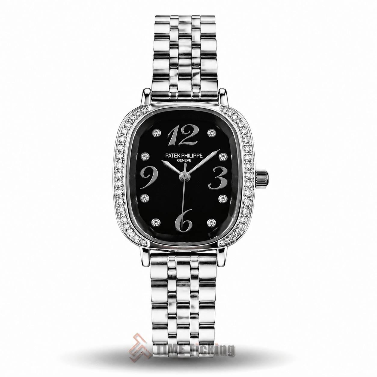 Patek Philippe Gondolo Serata women's watch with black dial silver case and silver metal strap