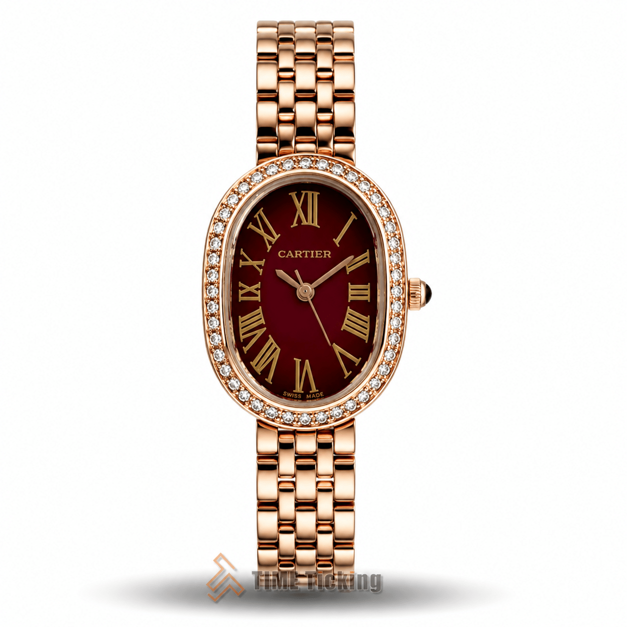 Cartier Baignoire women's watch with maroon dial stone bezel rose gold case and rose gold metal strap