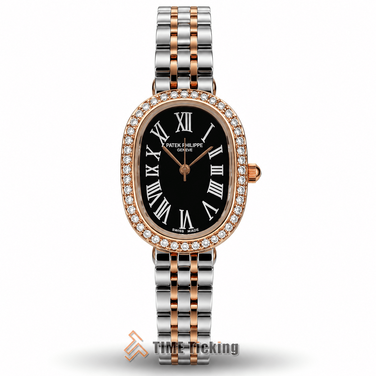 Cartier Baignoire women's watch with black dial stone bezel and two-tone metal strap