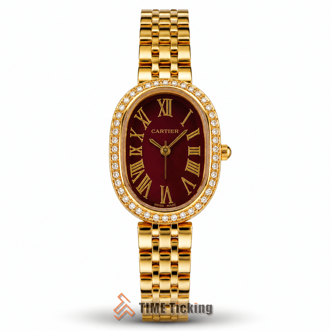 Cartier Baignoire women's watch with maroon dial stone bezel gold case and gold metal strap