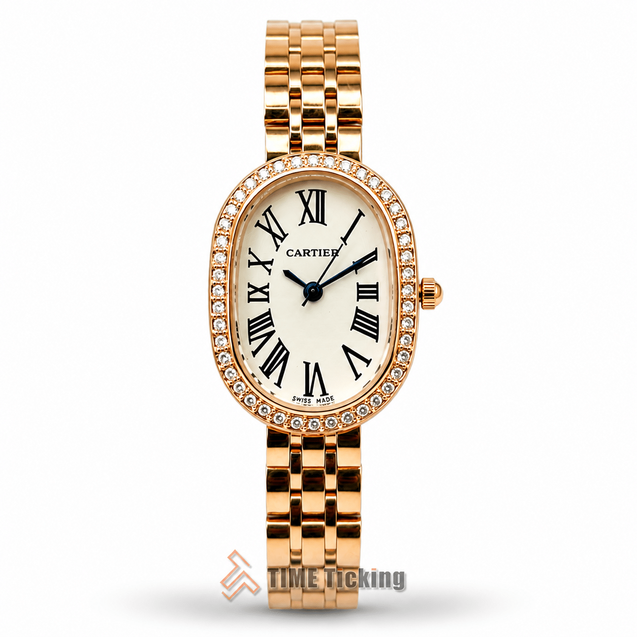 Cartier Baignoire women's watch with white dial stone bezel rose gold metal strap