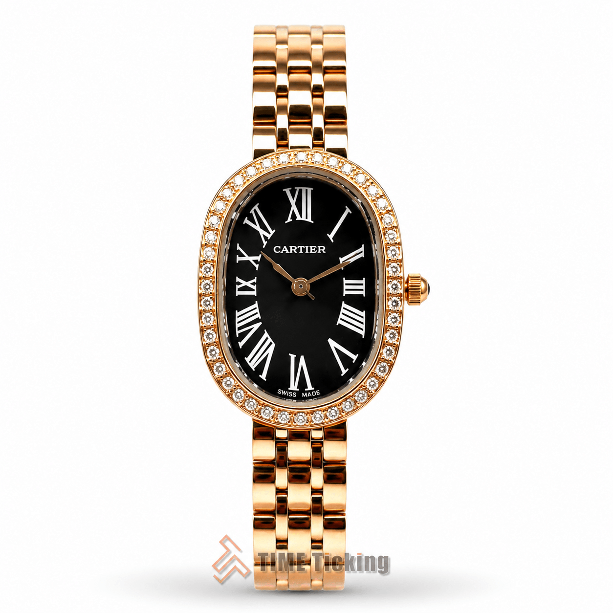Cartier Baignoire women's watch with black dial stone bezel rose gold case and rose gold metal strap