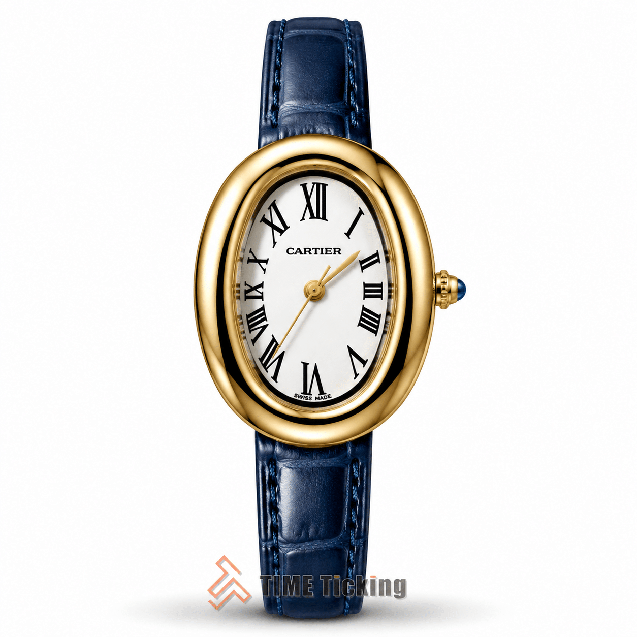 Cartier Baignoire women's watch with white dial and blue leather strap