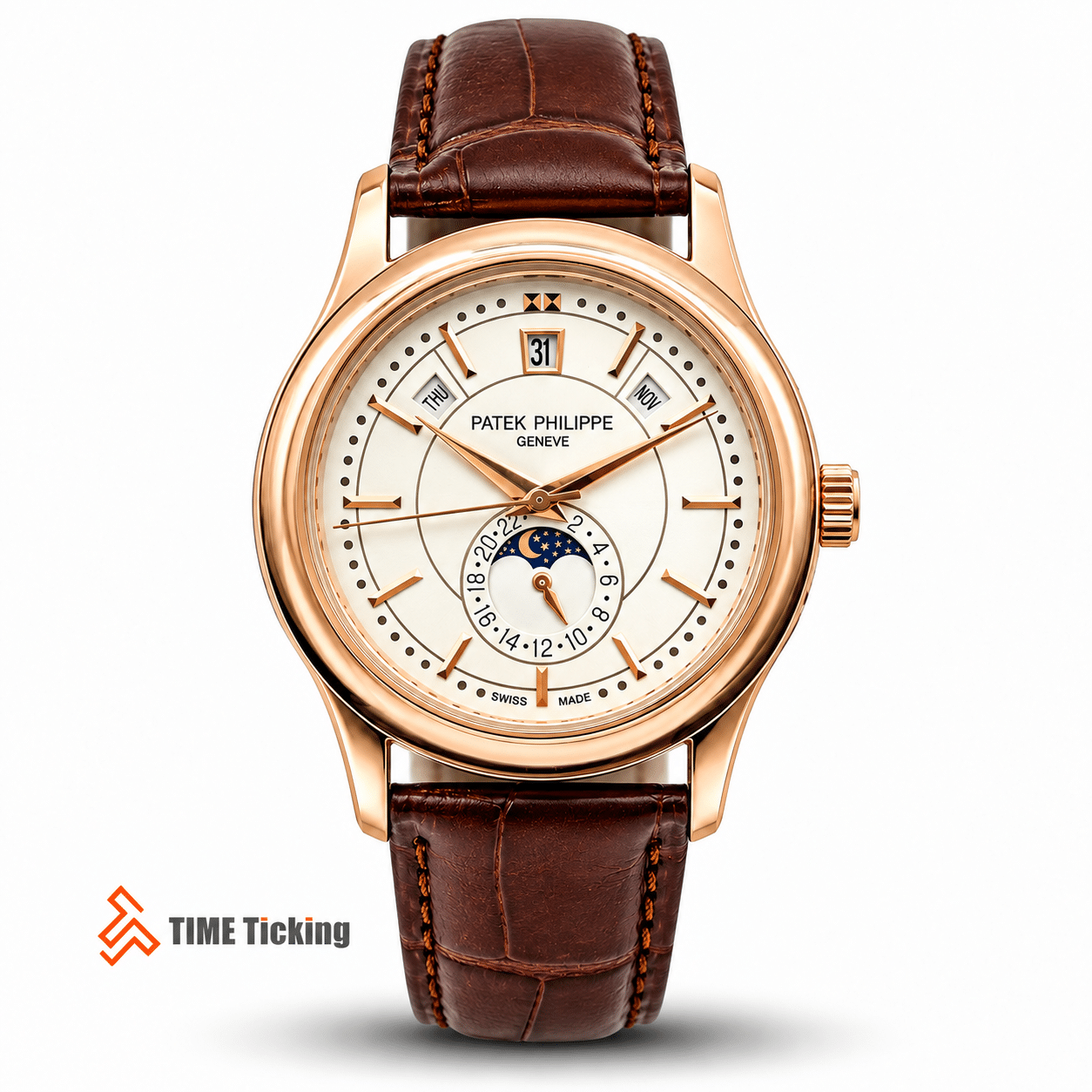 Patek Philippe Complications Annual Calendar men's watch with white dial brown leather strap and rose gold case