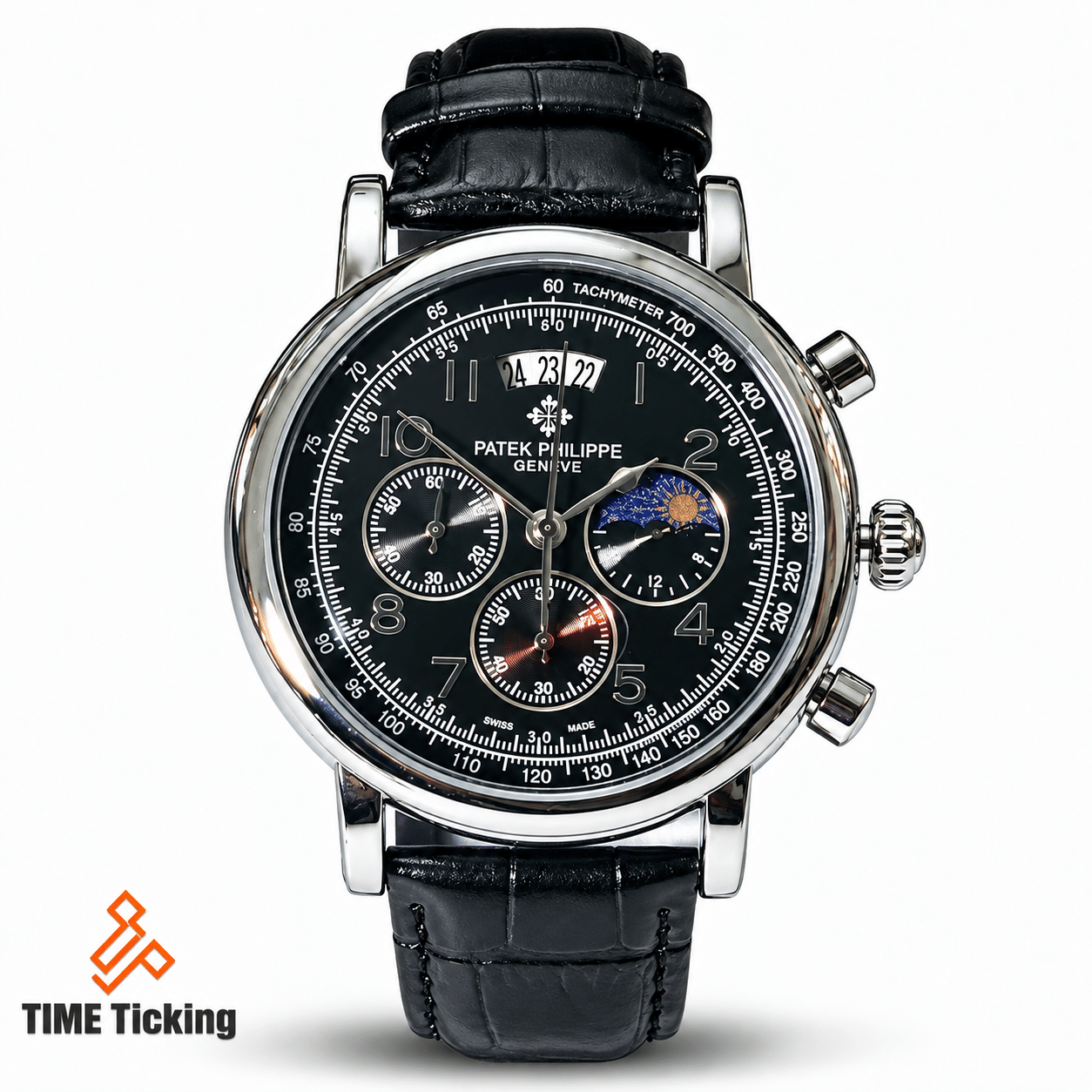 PATEK-201912 men's quartz watch with white dial black genuine leather belt and triple date design