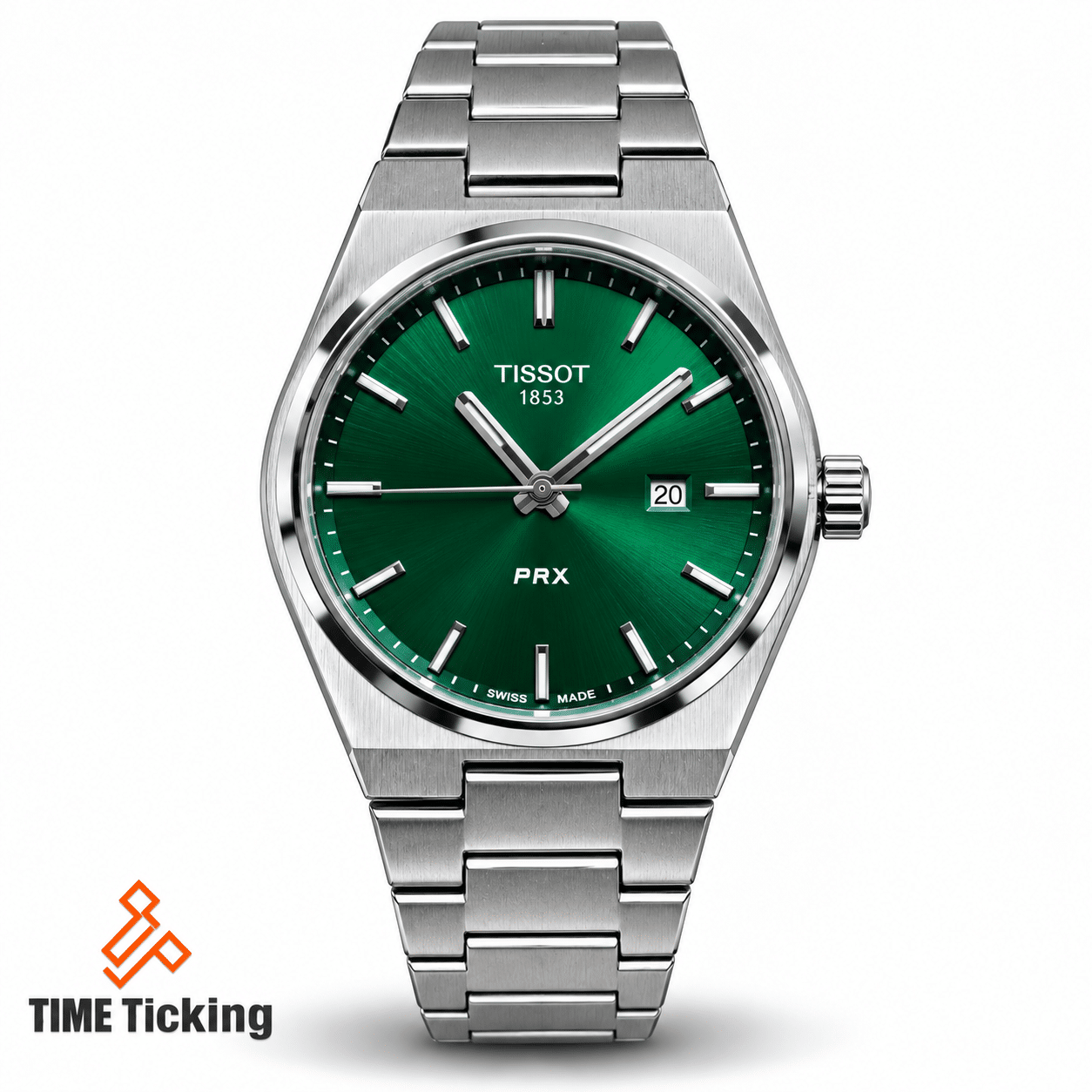 TISSOT PRX 40mm men's quartz watch with green dial and silver stainless steel bracelet
