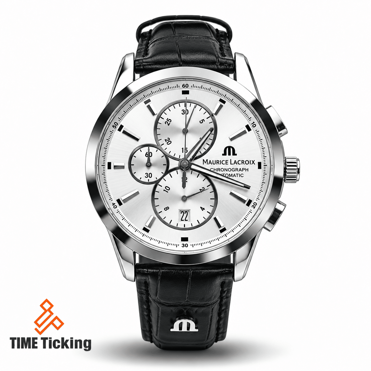 MAURICE LACROIX Chronograph men's watch with white dial and black leather belt