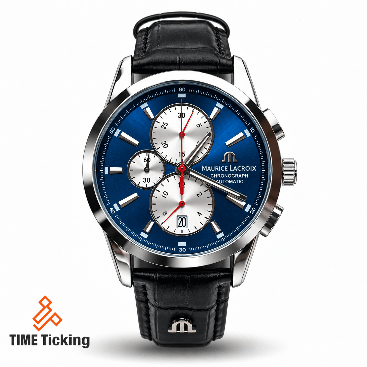 MAURICE LACROIX Chronograph men's watch with blue dial and black leather belt