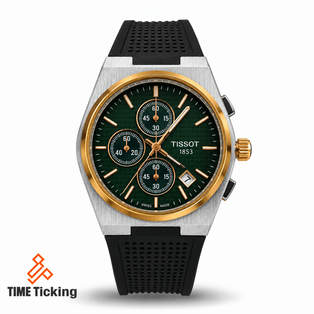 TISSOT PRX men's quartz watch with green dial golden case and black rubber belt