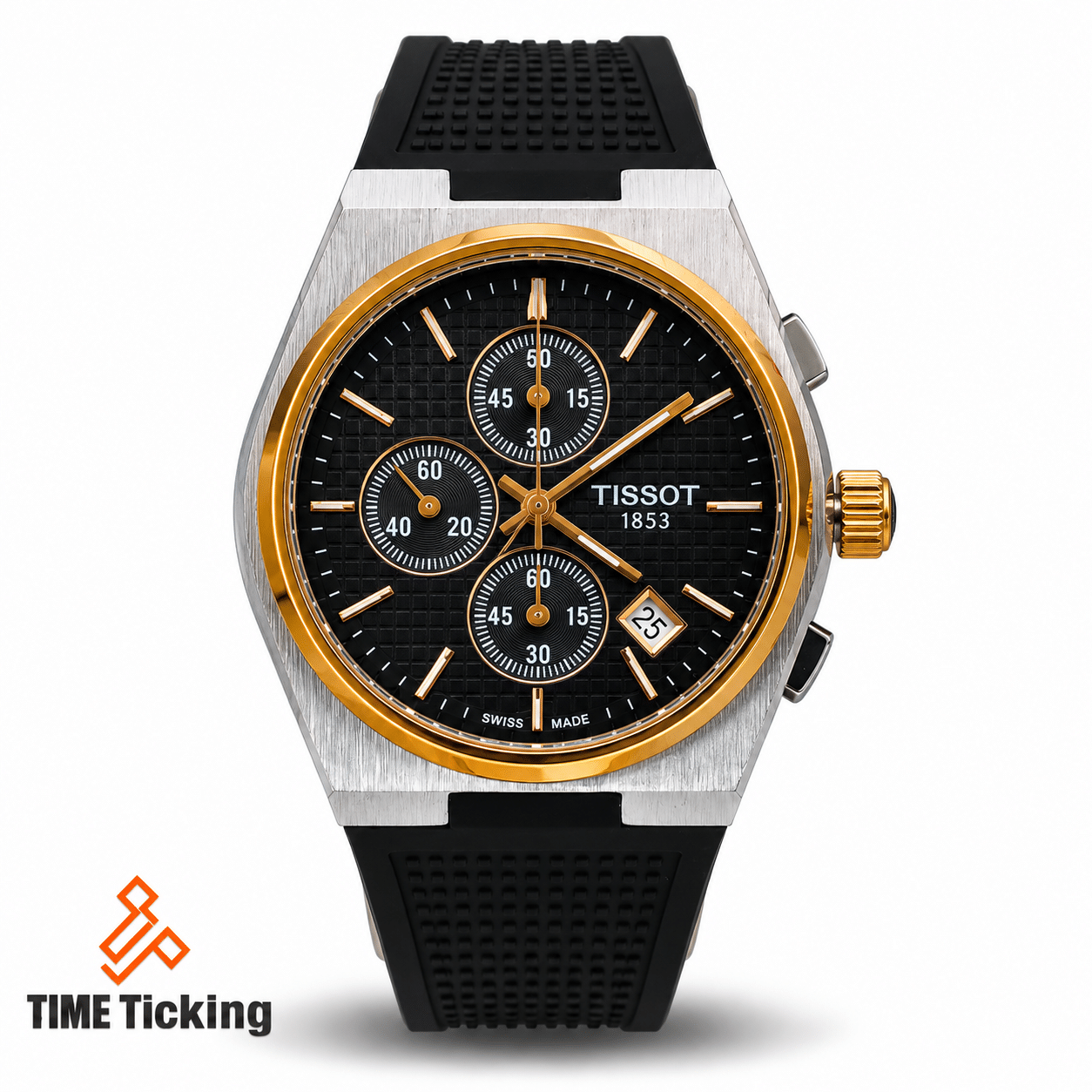 TISSOT PRX men's quartz watch with black dial golden case and black rubber belt