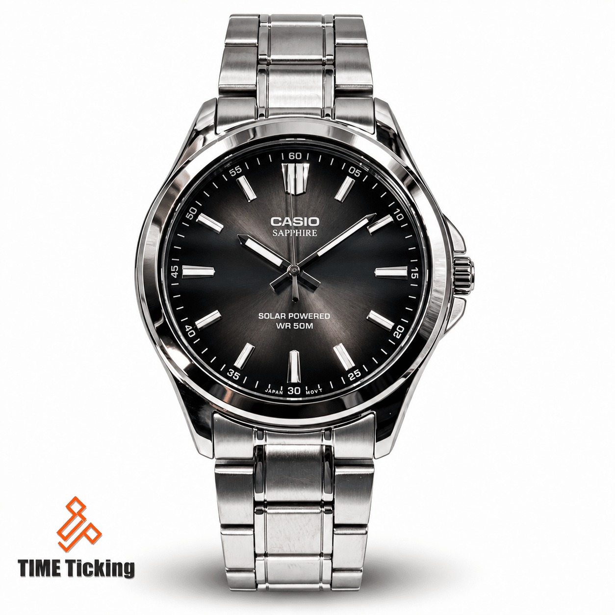 Casio MTS-RS100D Men’s Solar-Powered Stainless Steel Analog Watch with Sapphire Crystal, Anti-Reflective Coating and 50-Meter Water Resistance