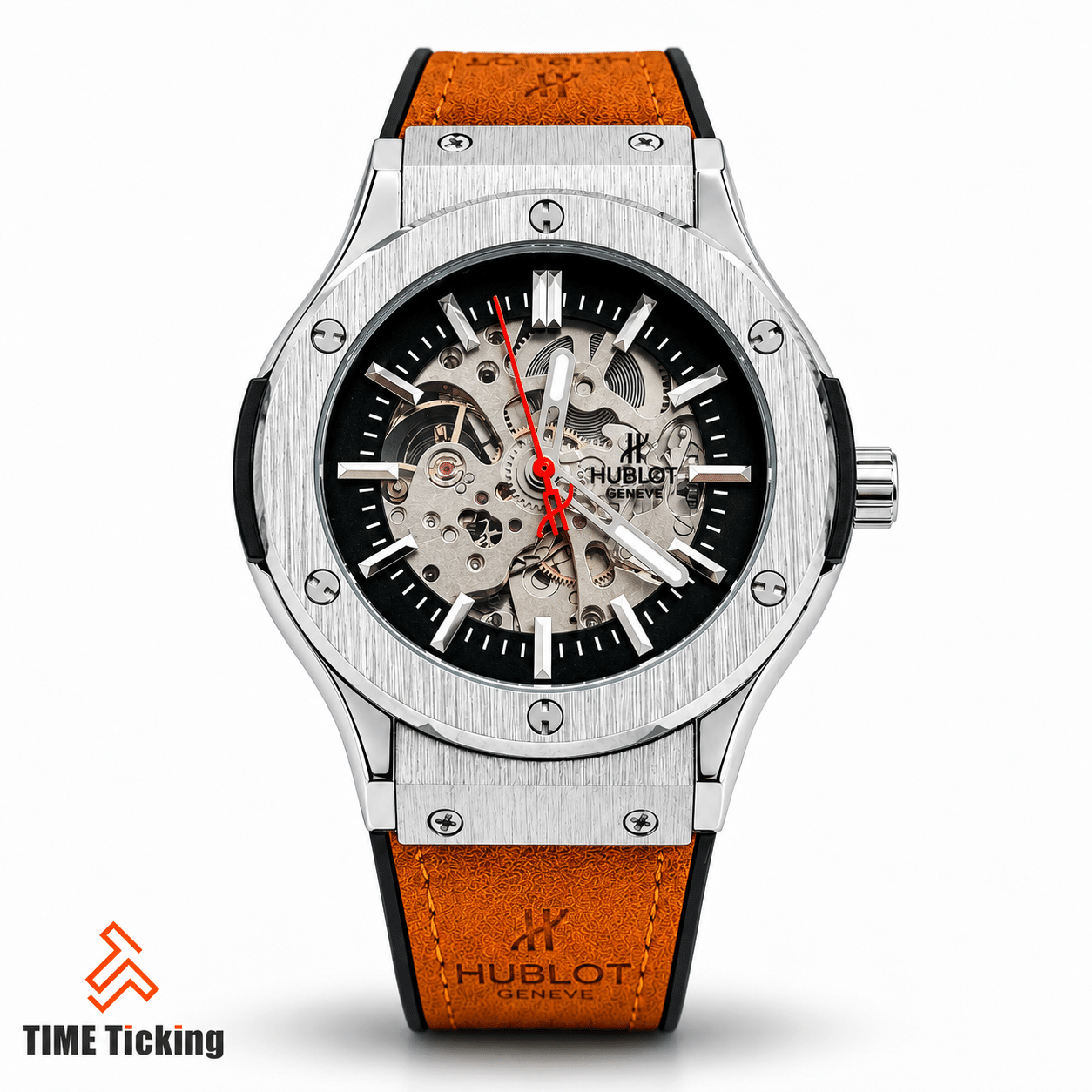 Hublot luxury automatic men's skeleton watch with silver case and premium rubber strap