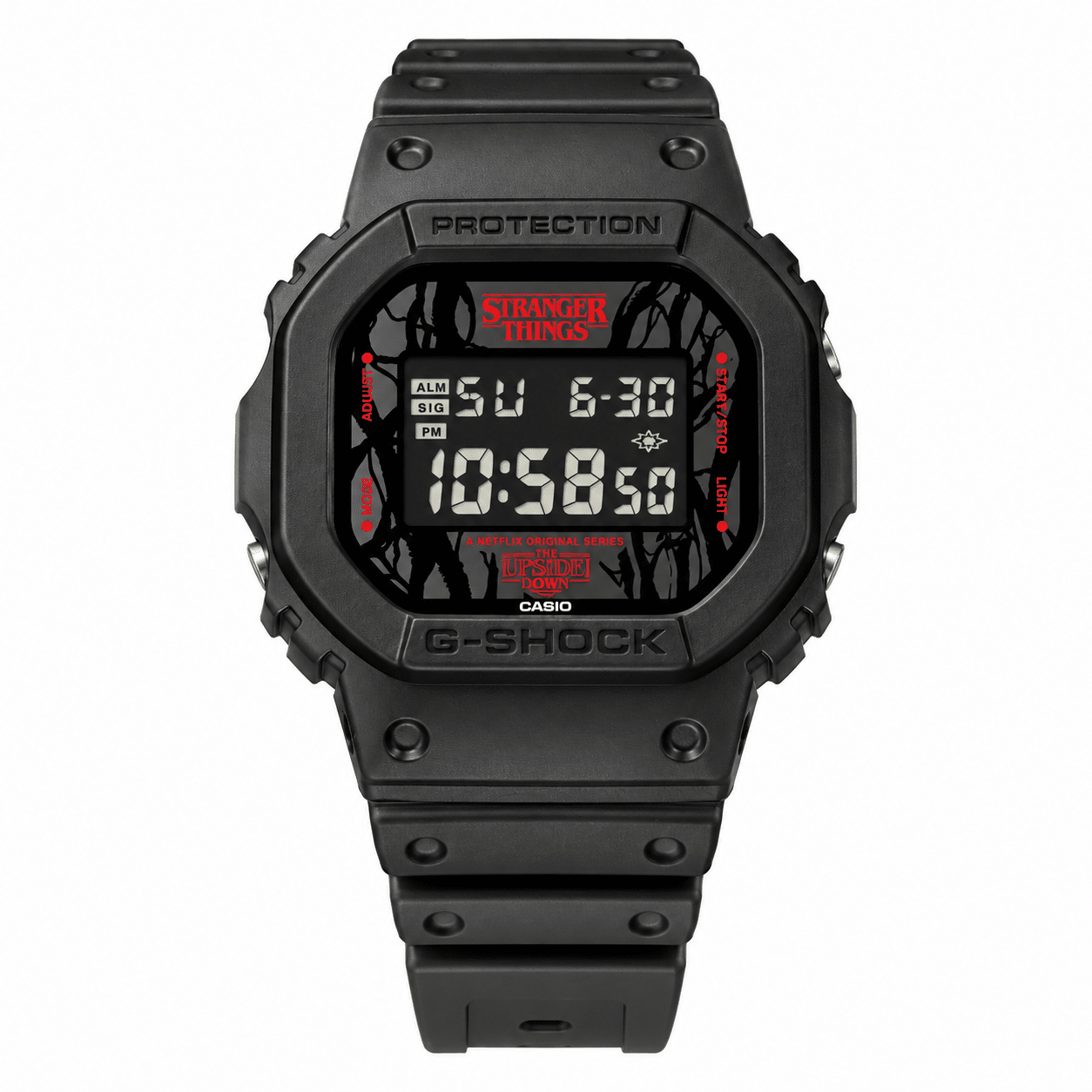 Casio G-SHOCK x Stranger Things DW-5600STT-1DR digital watch with shock-resistant resin case, digital display, and 200-meter water resistance.