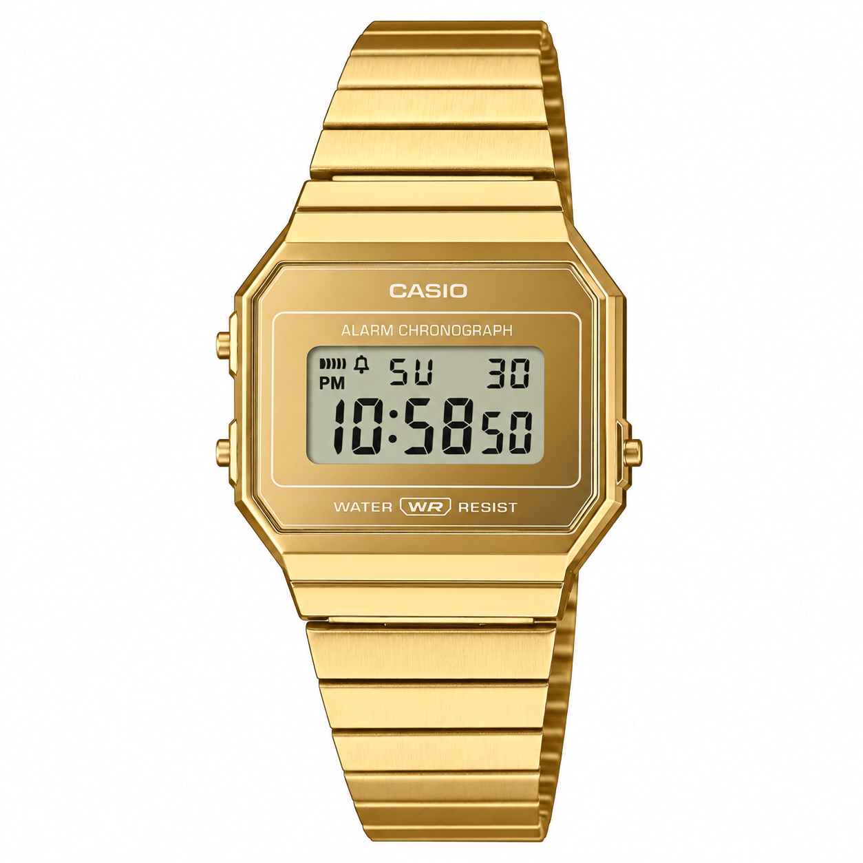 CASIO A700WEVG-9ADF vintage gold digital watch with gold ion-plated stainless steel band and rectangular digital display