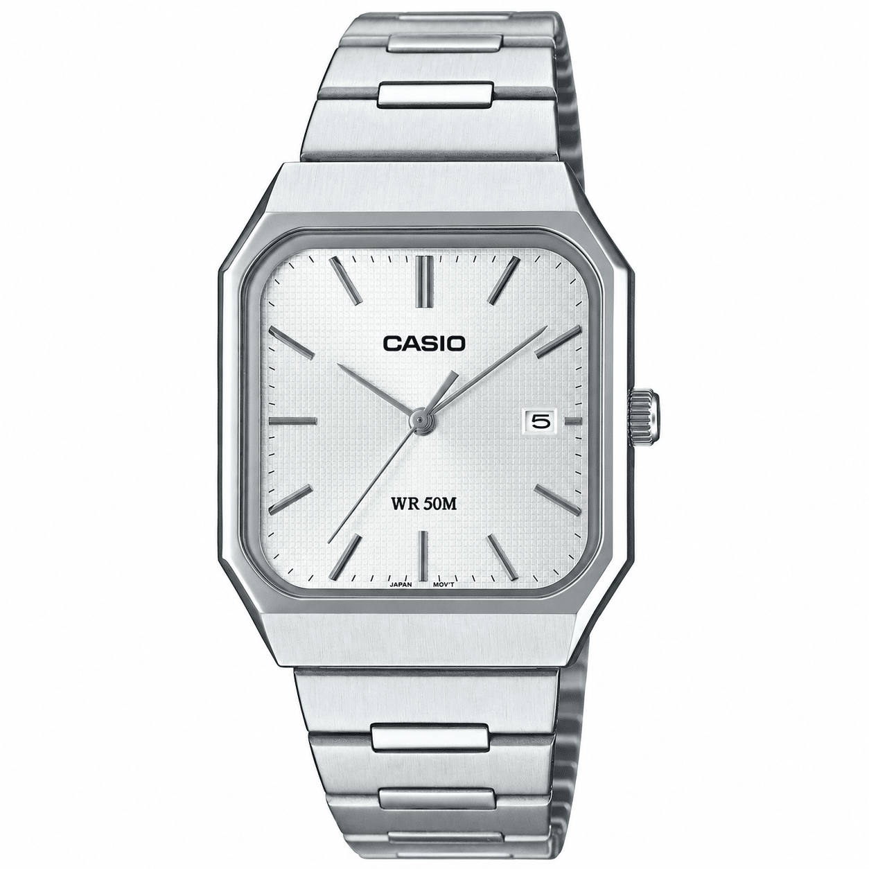 CASIO MTP-B185D-7AV men's silver dial watch with stainless steel case and bracelet
