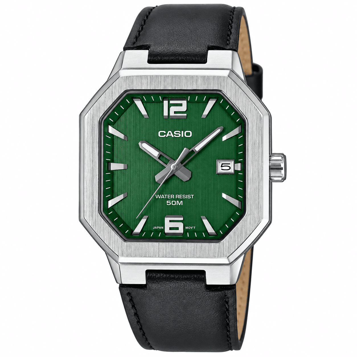 CASIO MTP-B195L-3AV men's green dial watch with stainless steel case and genuine leather band