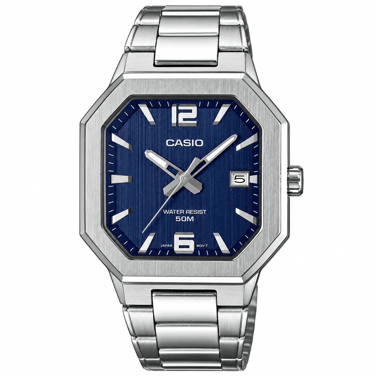 Casio MTP-B195D-2AV men's blue dial watch with stainless steel bracelet and date display