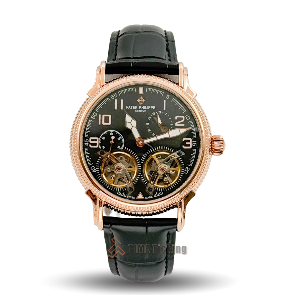 Patek Philippe Double Tourbillon 41mm men’s Master Grade Replica watch with a black dial and white tracks.