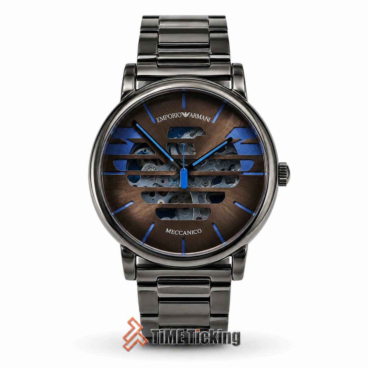 Emporio Armani AR60029 Luigi Meccanico Skeleton Dial Automatic Black and Blue Men's Watch.