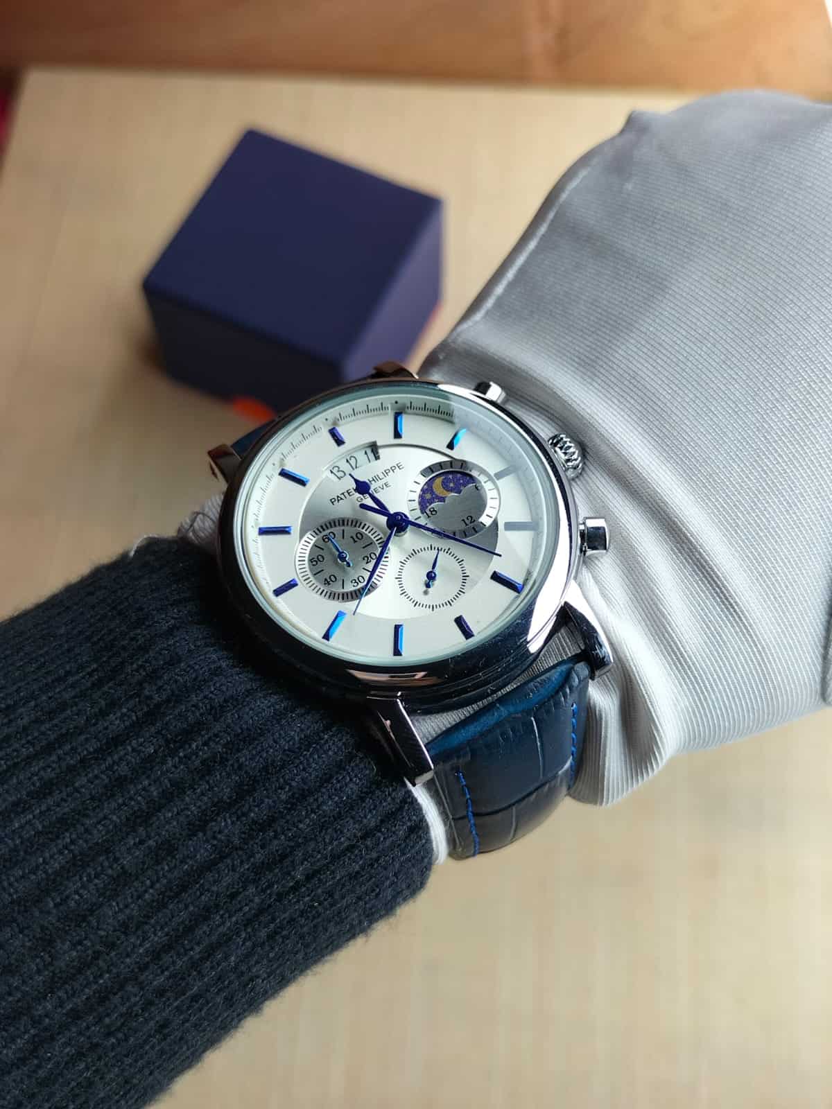 PATEK-201912 BLUE BELT SILVER PLAIN DIAL AND SILVER CASE MEN’S WATCH - Image 2