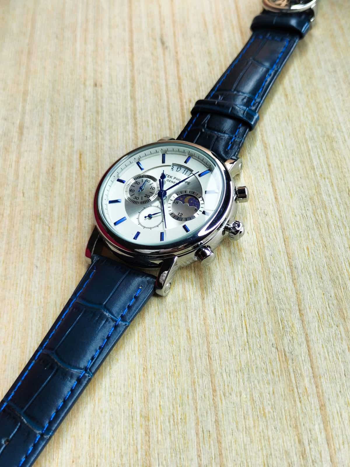 PATEK-201912 BLUE BELT SILVER PLAIN DIAL AND SILVER CASE MEN’S WATCH - Image 3