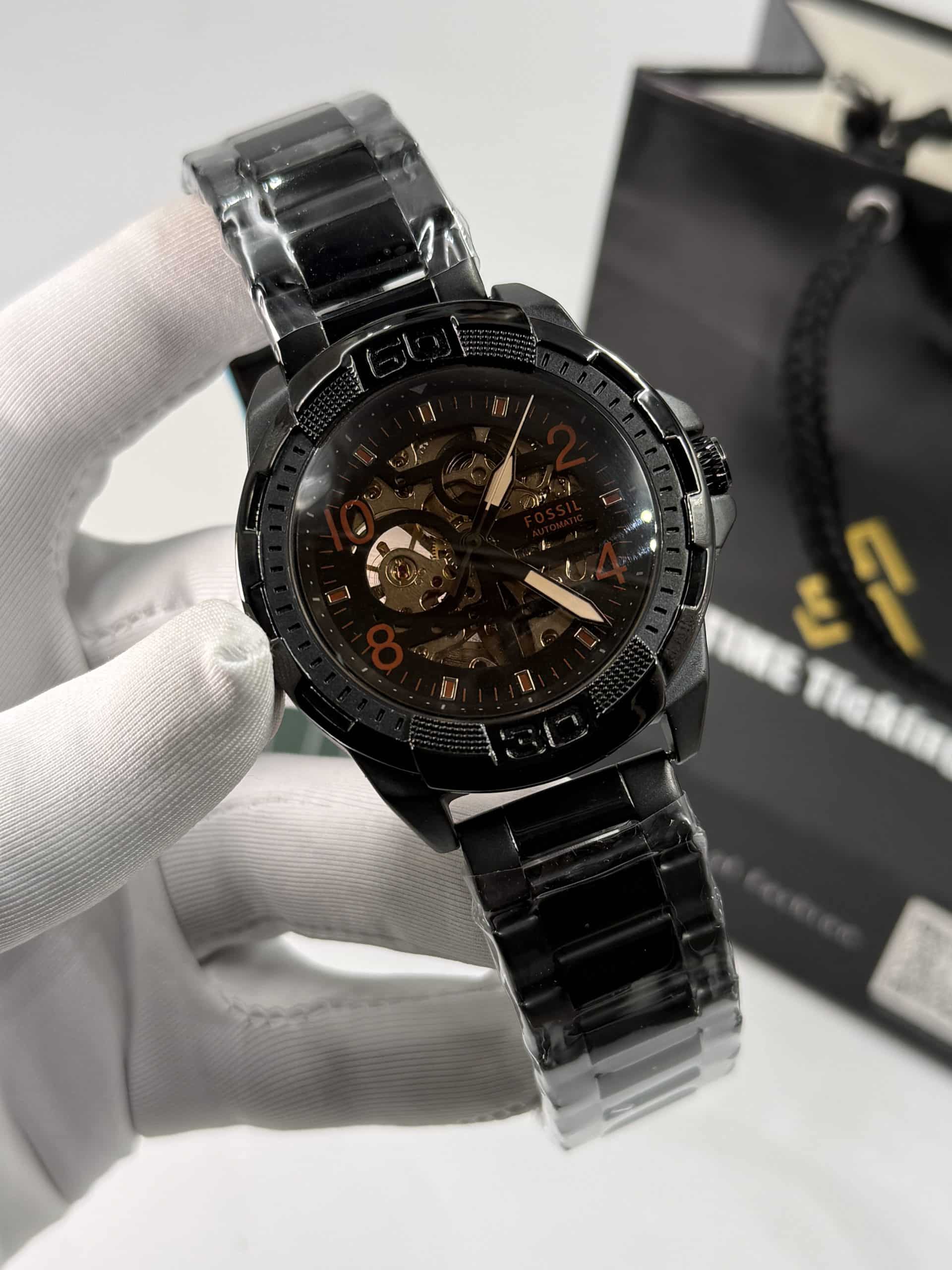 Fossil Men's Automatic Skeleton Watch – Black & Orange - Image 2