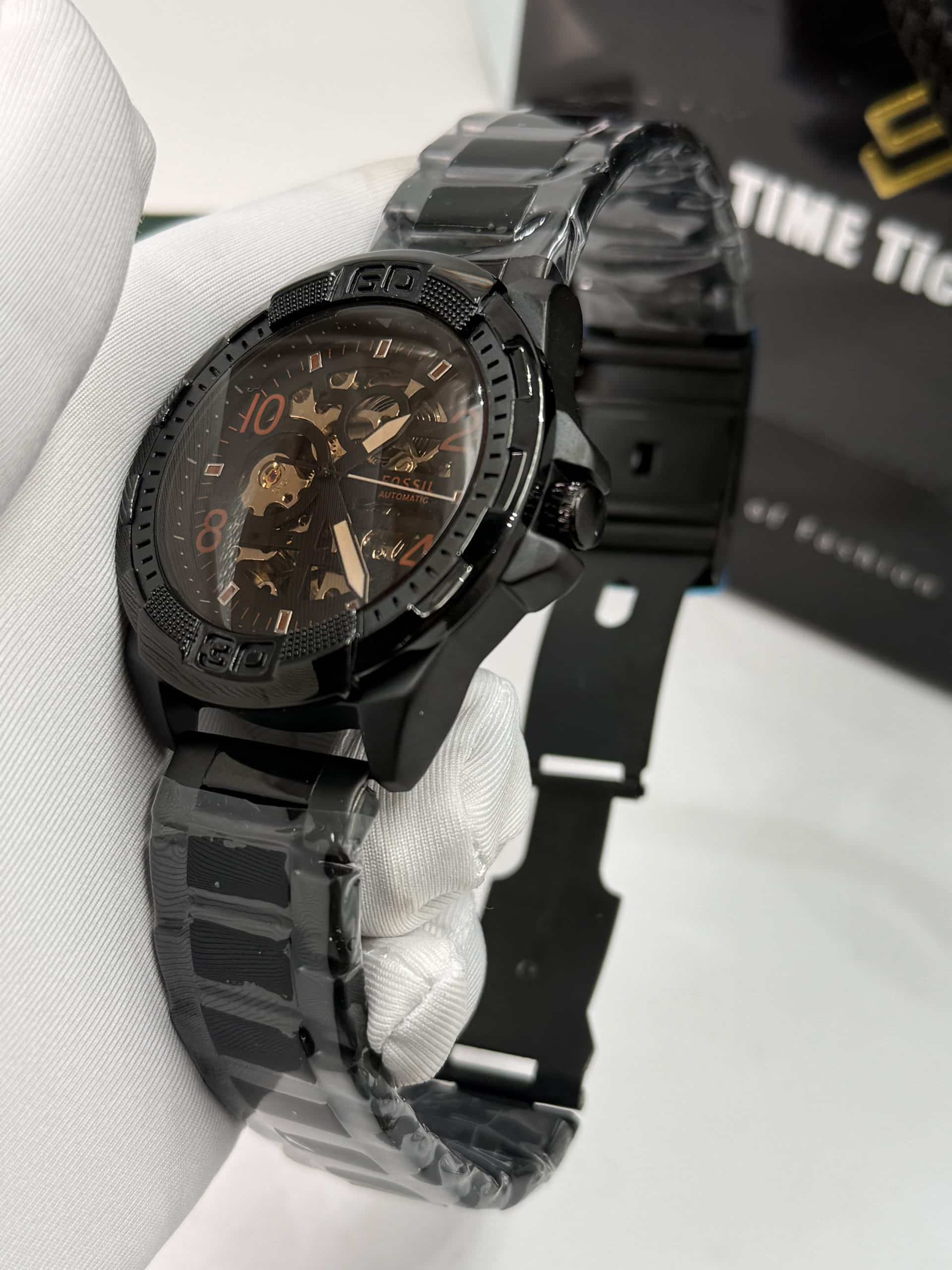 Fossil Men's Automatic Skeleton Watch – Black & Orange - Image 3